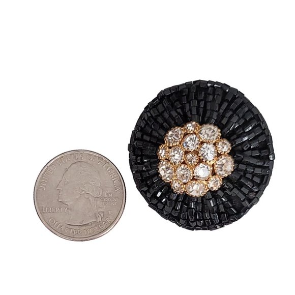 Black Glass Seed Bead Clear Prong Set Rhinestone Clip On Earrings K649 - Picture 5 of 7